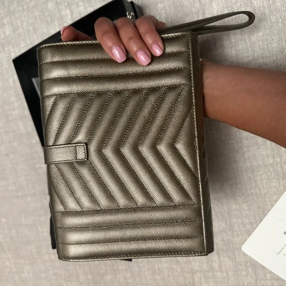 Saint Laurent Silver Quilted Clutch with Chevron Pattern - Picture 3 of 6